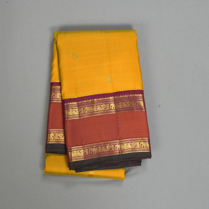 Hayagrivas Handloom Yellow Kanjivaram Silk Saree with Rust Orange Border KBF523F3-1