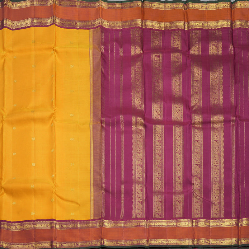 Hayagrivas Handloom Yellow Kanjivaram Silk Saree with Rust Orange Border KBF523F3-1
