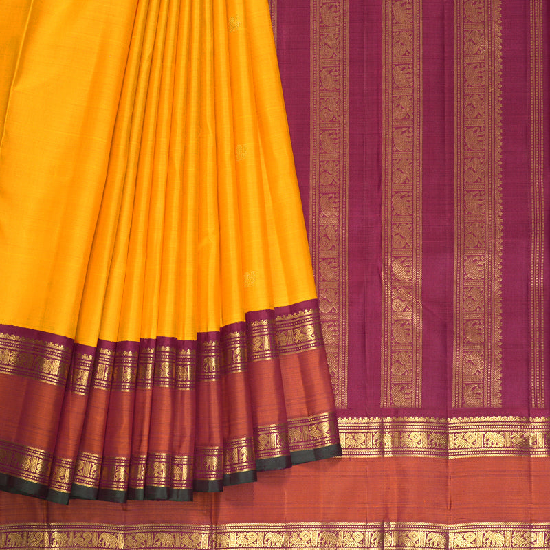 Hayagrivas Handloom Yellow Kanjivaram Silk Saree with Rust Orange Border KBF523F3-1
