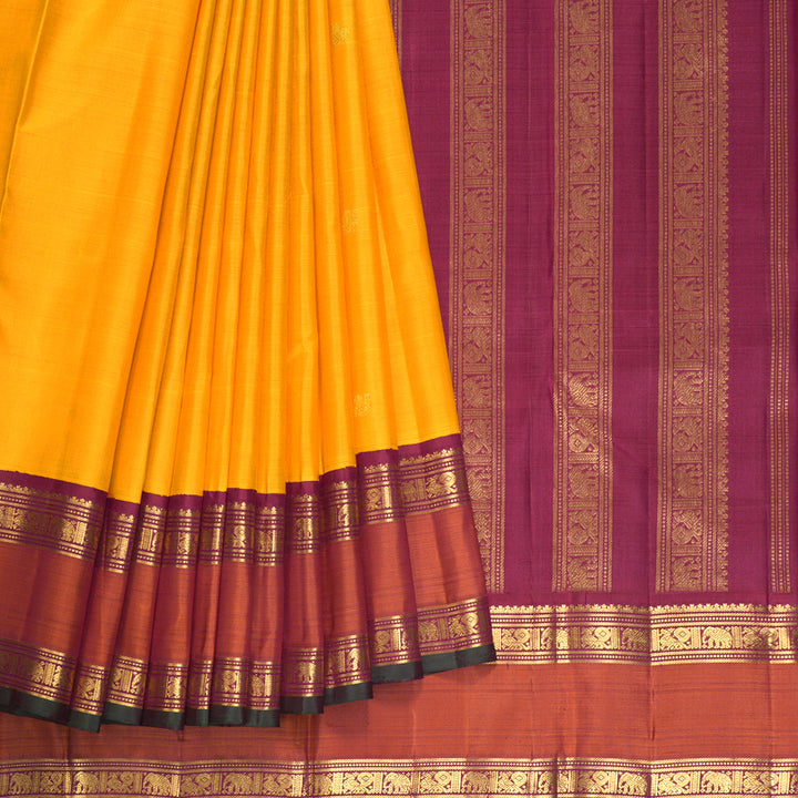 Hayagrivas Handloom Yellow Kanjivaram Silk Saree with Rust Orange Border KBF523F3-1