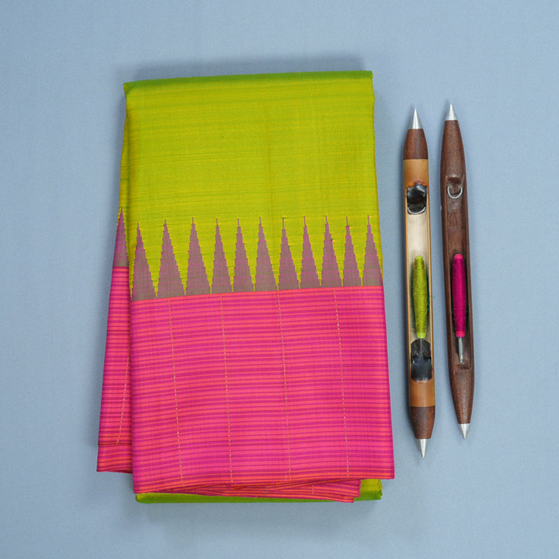 Hayagrivas Handloom Fluorescent Green Kanjivaram Silk Saree with Pink &amp; Orange Stripes Border KBF524F7-1