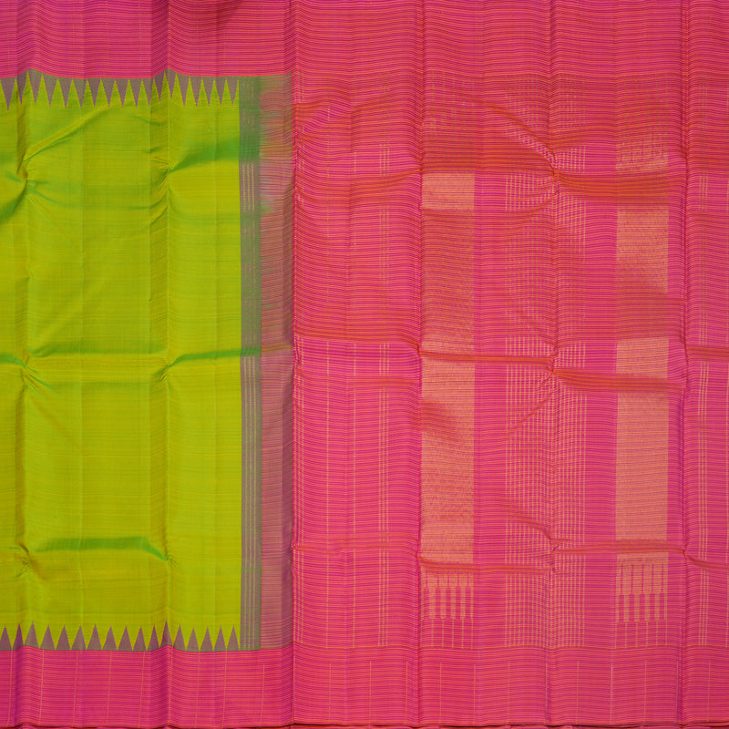 Hayagrivas Handloom Fluorescent Green Kanjivaram Silk Saree with Pink &amp; Orange Stripes Border KBF524F7-1