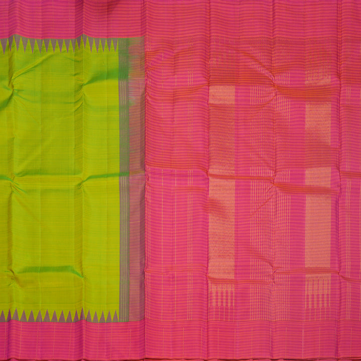 Hayagrivas Handloom Fluorescent Green Kanjivaram Silk Saree with Pink &amp; Orange Stripes Border KBF524F7-1