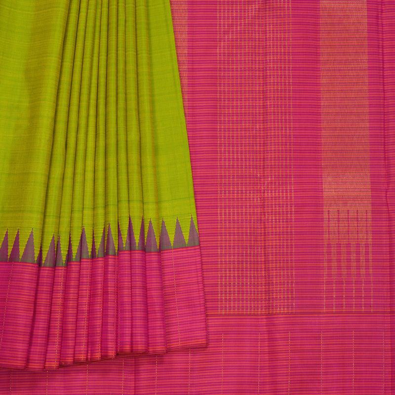 Hayagrivas Handloom Fluorescent Green Kanjivaram Silk Saree with Pink &amp; Orange Stripes Border KBF524F7-1