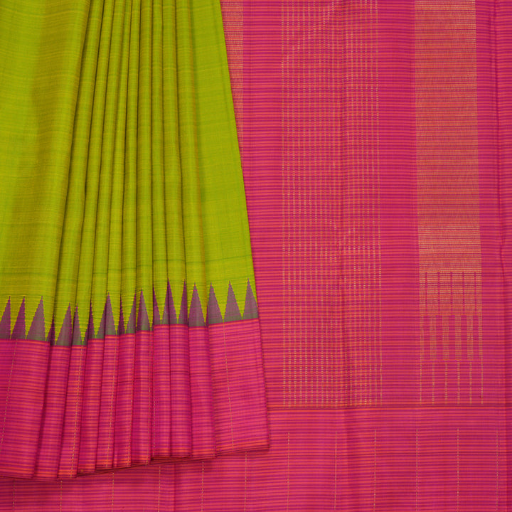 Hayagrivas Handloom Fluorescent Green Kanjivaram Silk Saree with Pink &amp; Orange Stripes Border KBF524F7-1