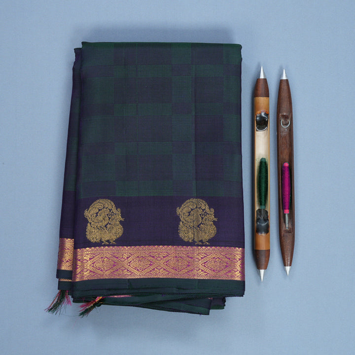 Hayagrivas Handloom Green &amp; Blue Carpet Checks Kanjivaram Silk Saree with Purple Border KBF524F8-1
