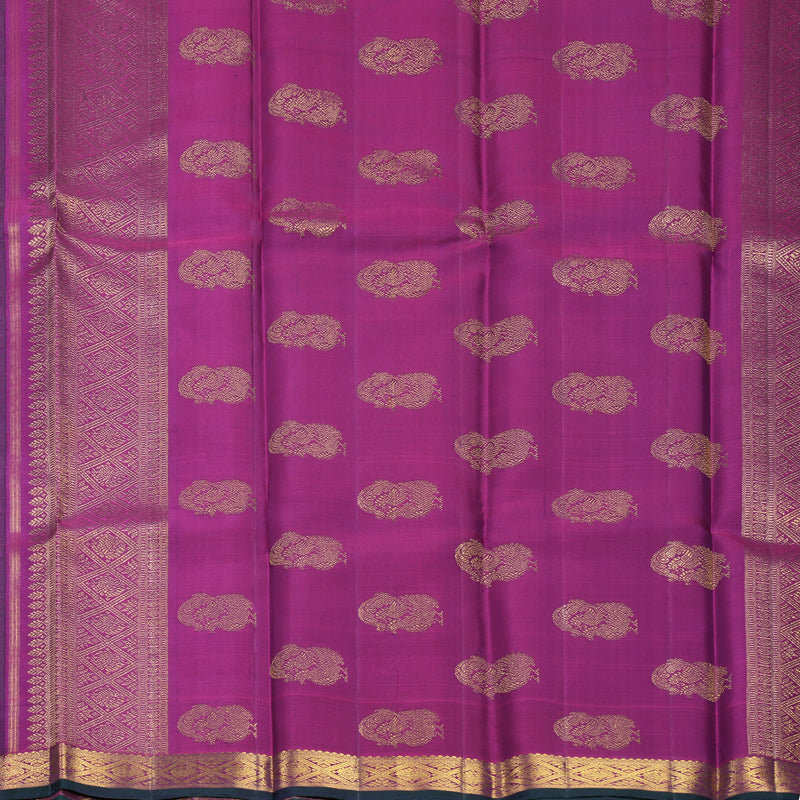 Hayagrivas Handloom Green &amp; Blue Carpet Checks Kanjivaram Silk Saree with Purple Border KBF524F8-1