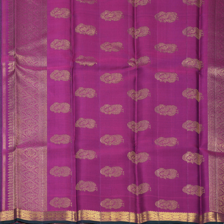 Hayagrivas Handloom Green &amp; Blue Carpet Checks Kanjivaram Silk Saree with Purple Border KBF524F8-1