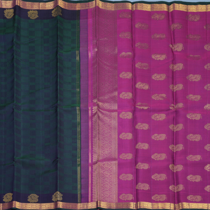 Hayagrivas Handloom Green &amp; Blue Carpet Checks Kanjivaram Silk Saree with Purple Border KBF524F8-1