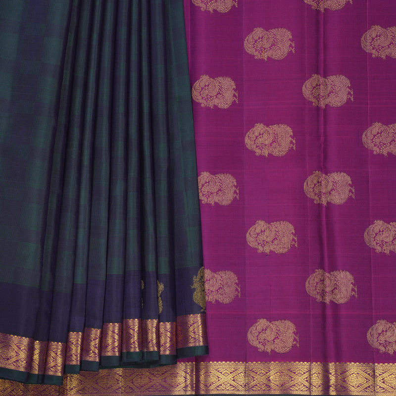 Hayagrivas Handloom Green &amp; Blue Carpet Checks Kanjivaram Silk Saree with Purple Border KBF524F8-1