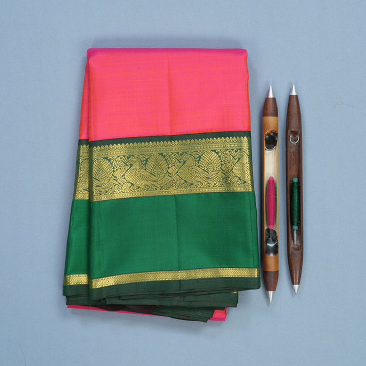 Hayagrivas Handloom Orangish-Pink Kanjivaram Silk Saree with Green Border KBF525F1-1