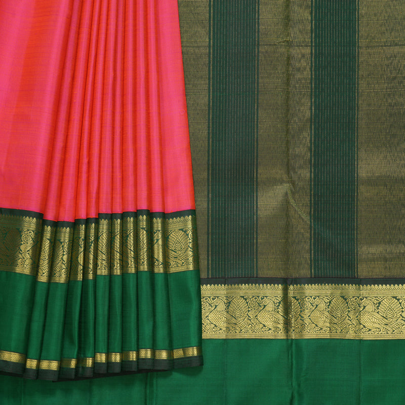 Hayagrivas Handloom Orangish-Pink Kanjivaram Silk Saree with Green Border KBF525F1-1
