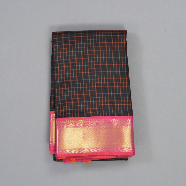 Hayagrivas Handloom Black Kanjivaram Silk Saree with Orangish-Pink Border KBF526F5-1
