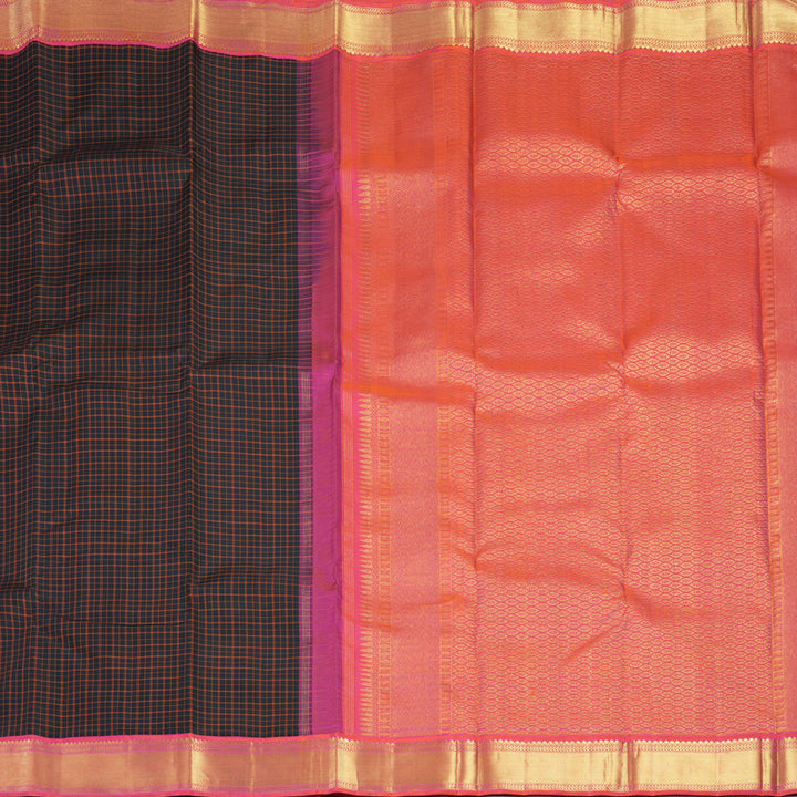 Hayagrivas Handloom Black Kanjivaram Silk Saree with Orangish-Pink Border KBF526F5-1