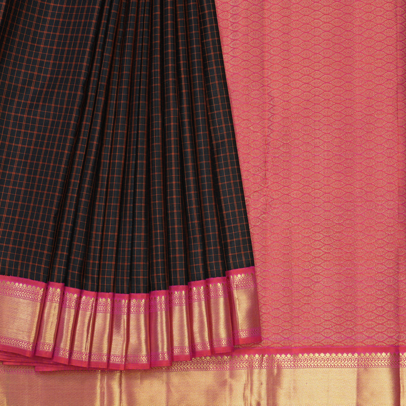 Hayagrivas Handloom Black Kanjivaram Silk Saree with Orangish-Pink Border KBF526F5-1