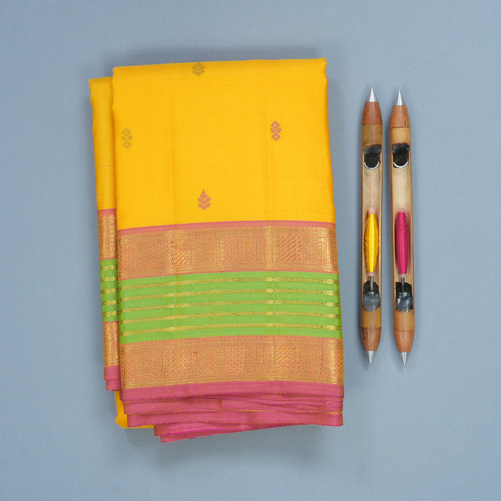 Hayagrivas Handloom Yellow Kanjivaram Silk Saree with Parrot Green Border KBF527F1-1