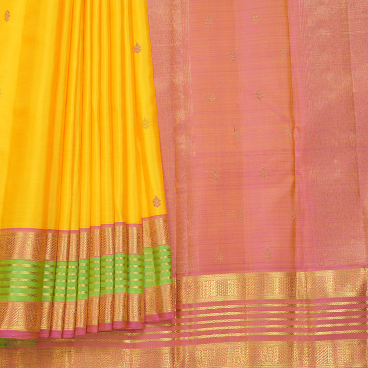 Hayagrivas Handloom Yellow Kanjivaram Silk Saree with Parrot Green Border KBF527F1-1