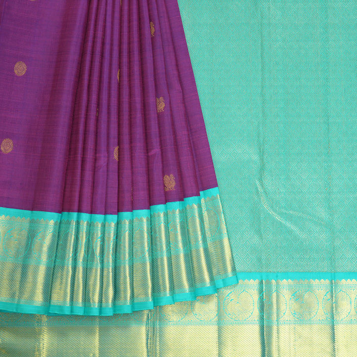 Hayagrivas Handloom Purple Kanjivaram Silk Saree with Bright Teal Border KBF529F12-1