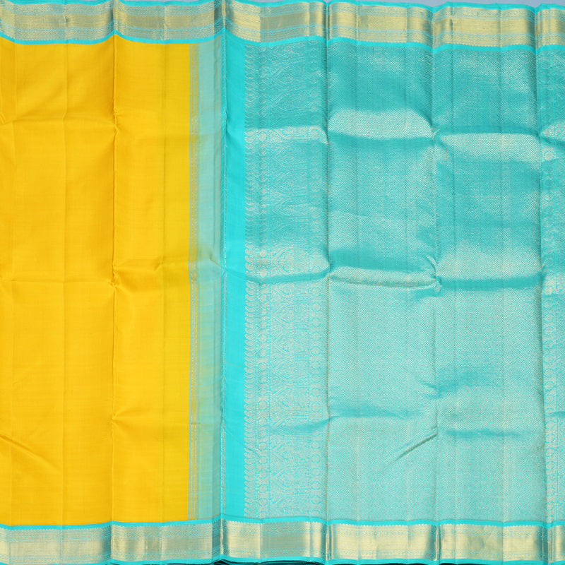 Hayagrivas Handloom Yellow Kanjivaram Silk Saree with Sea Blue Border KBF529F4-1