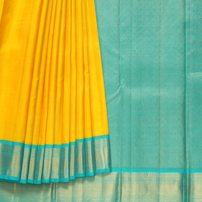Hayagrivas Handloom Yellow Kanjivaram Silk Saree with Sea Blue Border KBF529F4-1