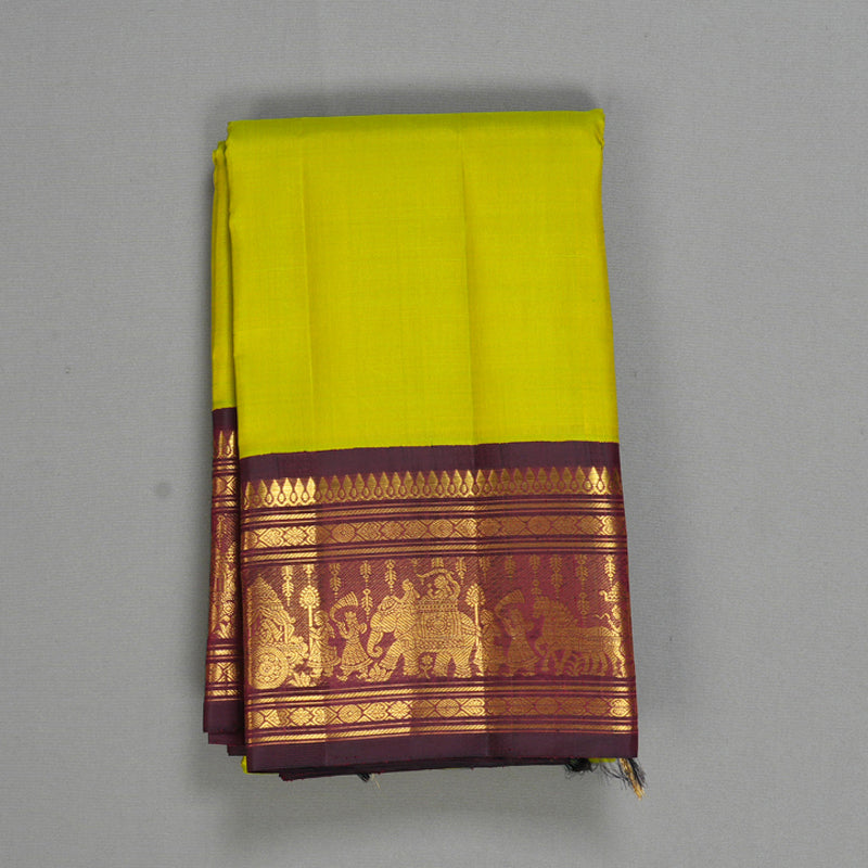 Hayagrivas Handloom Lime Green Kanjivaram Silk Saree with Wine Maroon Border KBF529F7-1