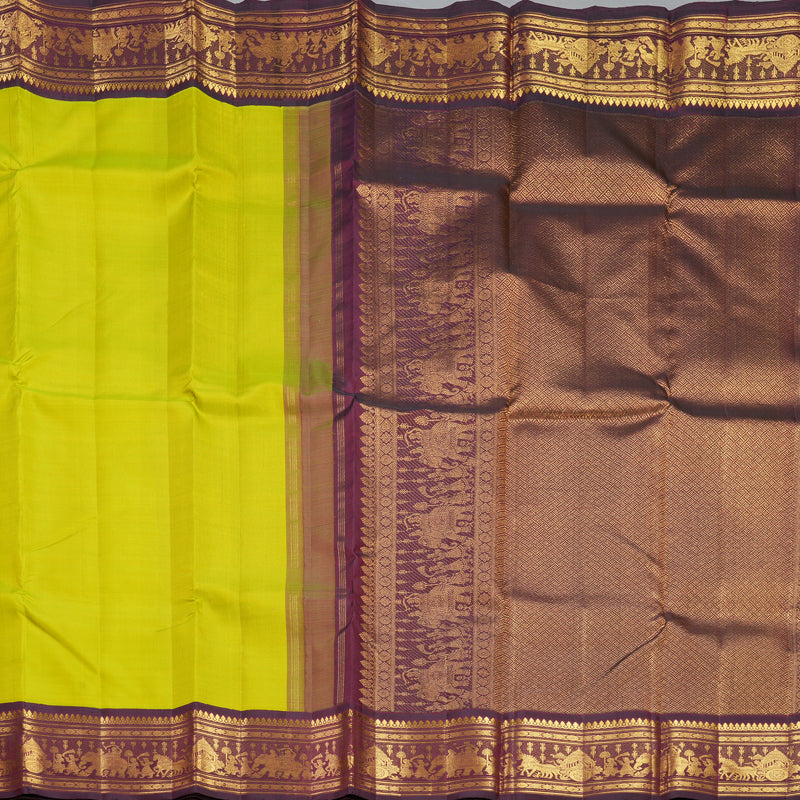 Hayagrivas Handloom Lime Green Kanjivaram Silk Saree with Wine Maroon Border KBF529F7-1