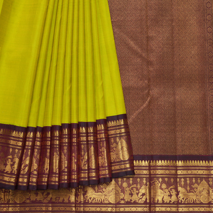 Hayagrivas Handloom Lime Green Kanjivaram Silk Saree with Wine Maroon Border KBF529F7-1