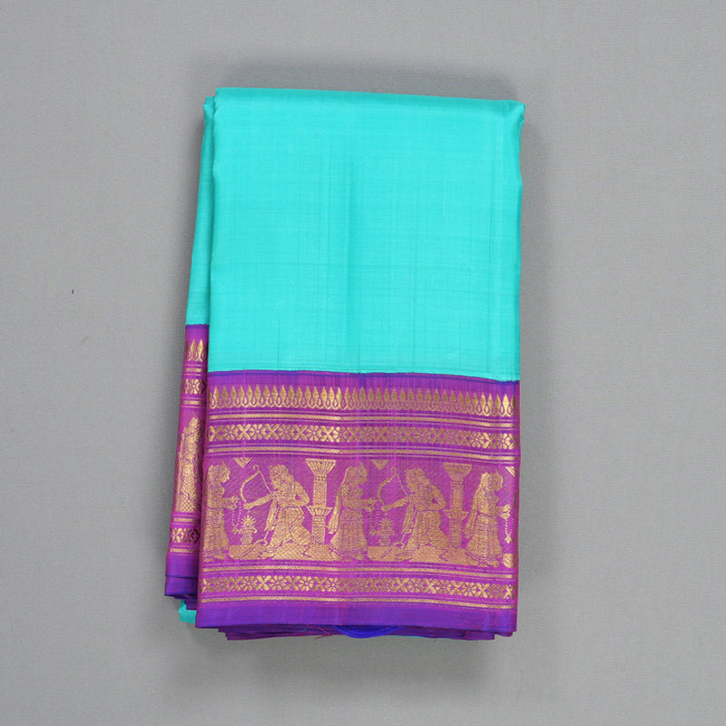 Hayagrivas Handloom Sea Blue Kanjivaram Silk Saree with Purple Border KBF529F8-1