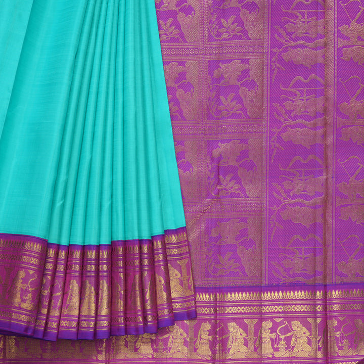 Hayagrivas Handloom Sea Blue Kanjivaram Silk Saree with Purple Border KBF529F8-1