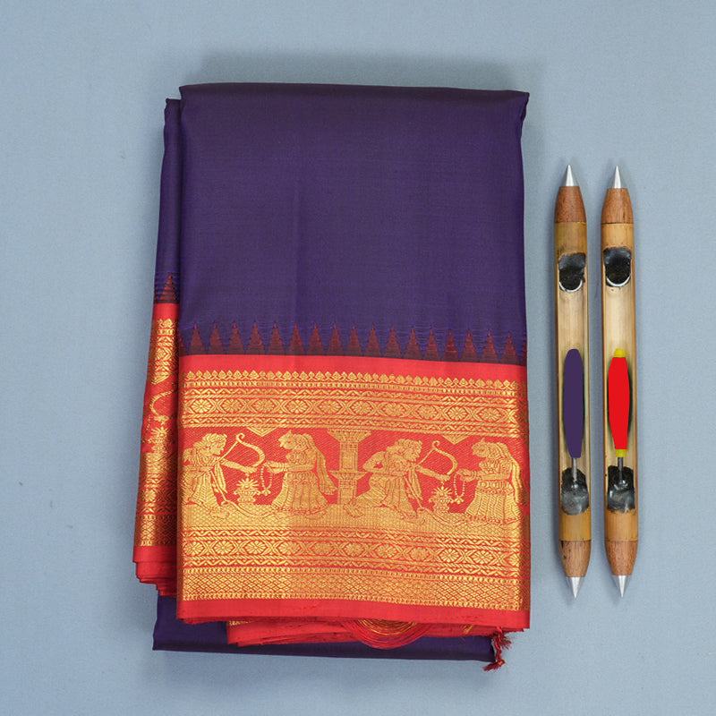 Hayagrivas Handloom Brinjal Purple Kanjivaram Silk Saree with Red Border KBF530F3-1