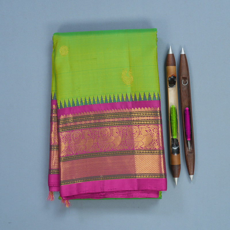 Hayagrivas Handloom Fluorescent Green Kanjivaram Silk Saree with Magenta Border KBF530F5-2