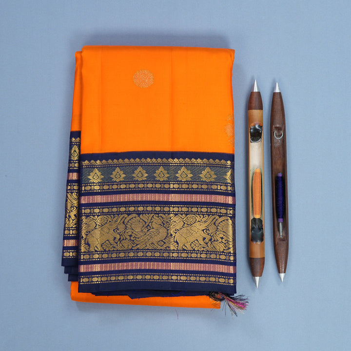 Hayagrivas Handloom Orange Kanjivaram Silk Saree with Ink Blue Border KBF530F5-3