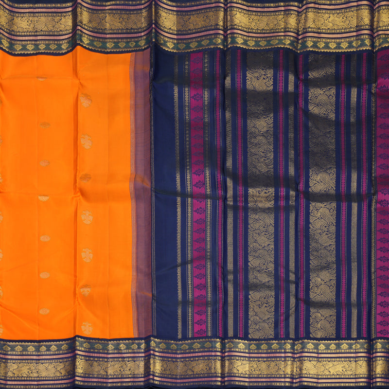 Hayagrivas Handloom Orange Kanjivaram Silk Saree with Ink Blue Border KBF530F5-3