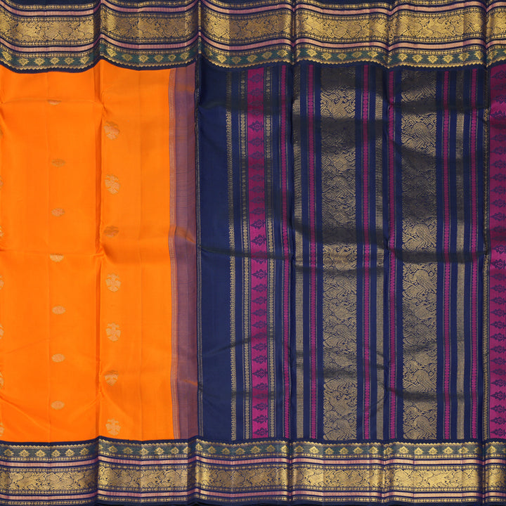 Hayagrivas Handloom Orange Kanjivaram Silk Saree with Ink Blue Border KBF530F5-3