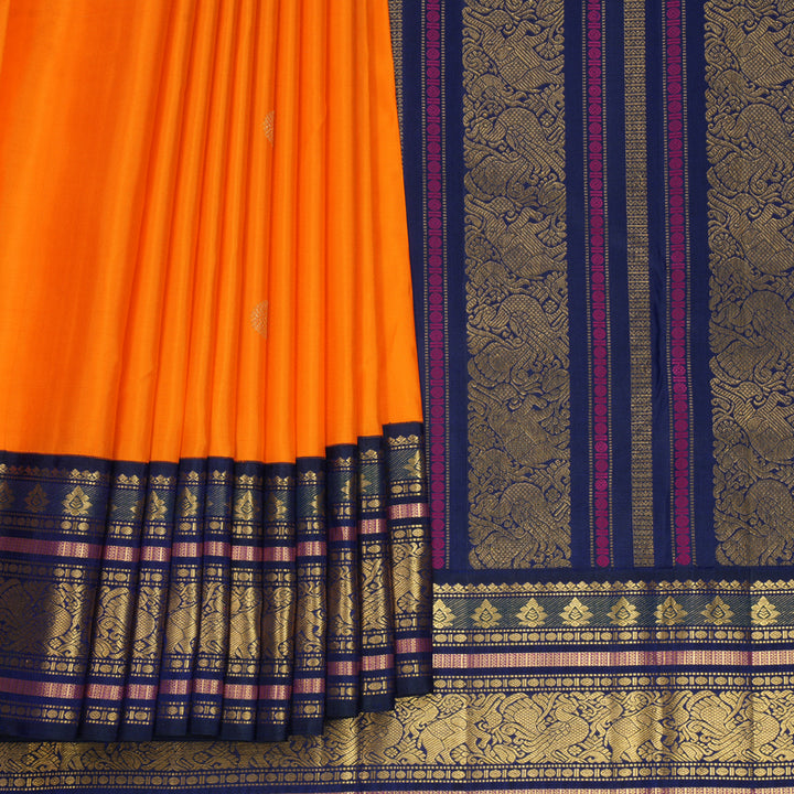 Hayagrivas Handloom Orange Kanjivaram Silk Saree with Ink Blue Border KBF530F5-3