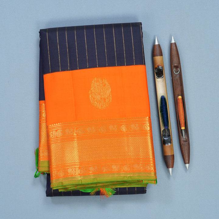 Hayagrivas Handloom Deep Navy Blue Kanjivaram Silk Saree with Orange Border KBF530F6-2