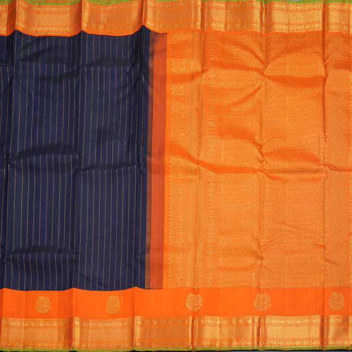 Hayagrivas Handloom Deep Navy Blue Kanjivaram Silk Saree with Orange Border KBF530F6-2