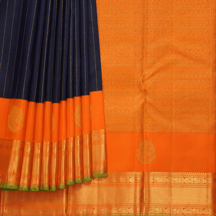Hayagrivas Handloom Deep Navy Blue Kanjivaram Silk Saree with Orange Border KBF530F6-2