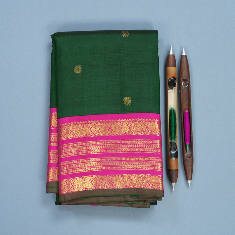 Hayagrivas Handloom Bottle Green Kanjivaram Silk Saree with Rani Pink Border KBF530F7-1