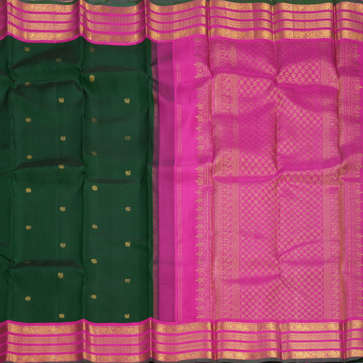 Hayagrivas Handloom Bottle Green Kanjivaram Silk Saree with Rani Pink Border KBF530F7-1