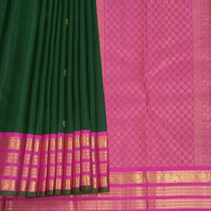 Hayagrivas Handloom Bottle Green Kanjivaram Silk Saree with Rani Pink Border KBF530F7-1