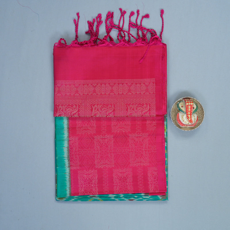 Hayagrivas Teal Blue Handloom Ikkat Soft Silk Saree KBF535G8-1