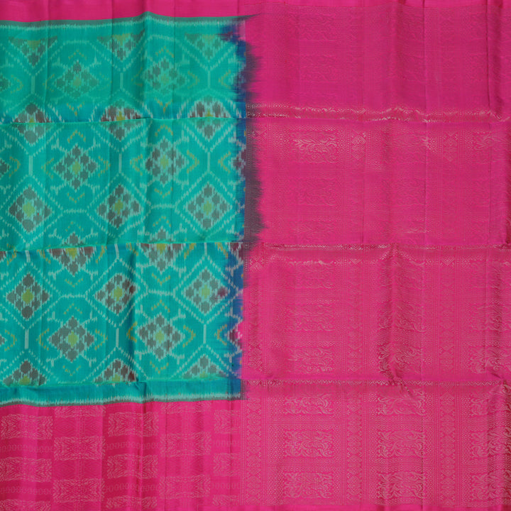 Hayagrivas Teal Blue Handloom Ikkat Soft Silk Saree KBF535G8-1