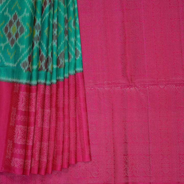 Hayagrivas Teal Blue Handloom Ikkat Soft Silk Saree KBF535G8-1