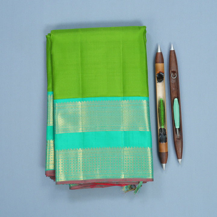 Hayagrivas Handloom Parrot Green Kanjivaram Silk Saree with Sea Green Border KBF537G3-1