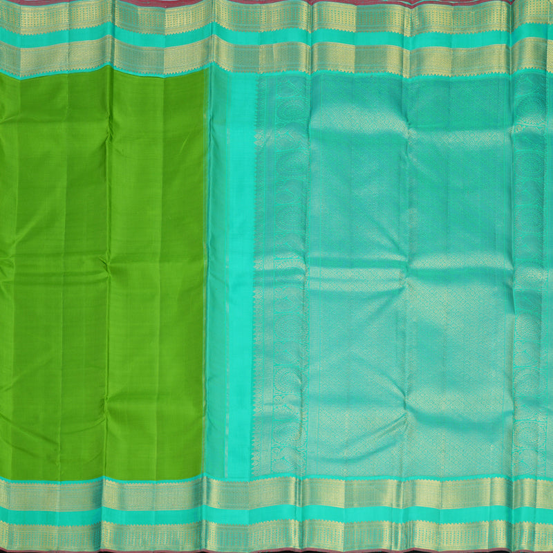 Hayagrivas Handloom Parrot Green Kanjivaram Silk Saree with Sea Green Border KBF537G3-1