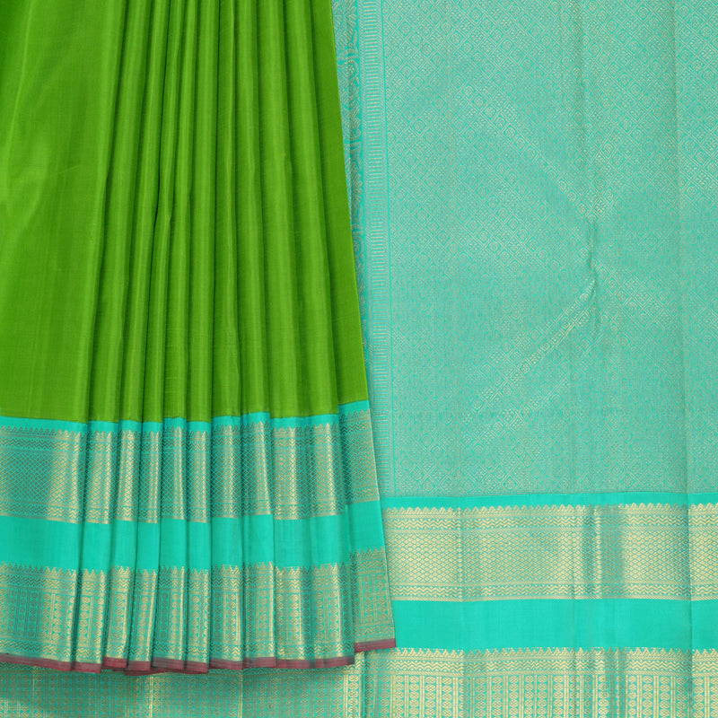 Hayagrivas Handloom Parrot Green Kanjivaram Silk Saree with Sea Green Border KBF537G3-1