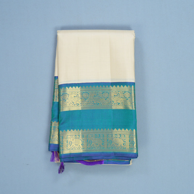 Hayagrivas Handloom Half-White Kanjivaram Silk Saree with Mayilkazhuthu Border KBF537G3-3