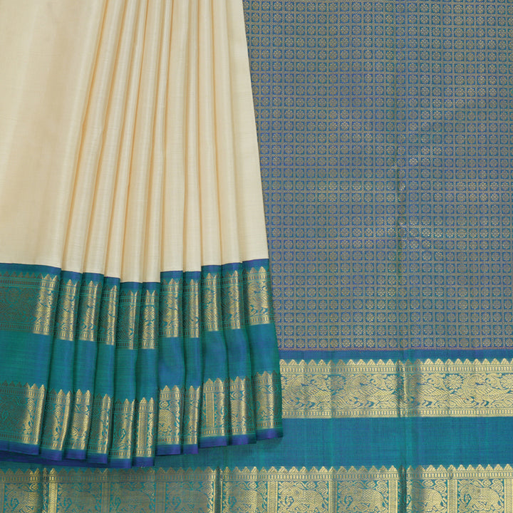 Hayagrivas Handloom Half-White Kanjivaram Silk Saree with Mayilkazhuthu Border KBF537G3-3