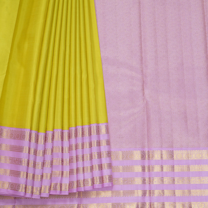 Hayagrivas Handloom Lime Green Kanjivaram Silk Saree with Lavender Border KBF537G3-4